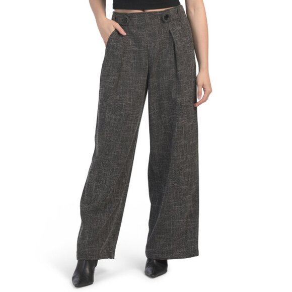 MAX STUDIO LONDON Black Melange Waist Tab Pleated Wide Leg Trousers